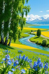 Naklejka premium Scenic landscape features winding blue river flowing through vibrant yellow flower fields near birch trees. Snowy mountain peaks rise in distant horizon under bright sky. Beautiful rural nature view