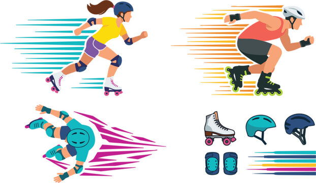 Inline skating and roller blading vector set with speed skaters roller derby athlete helmet pads and protective gear icons