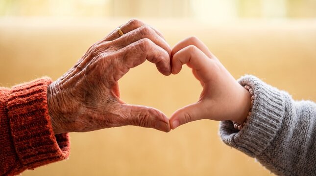 Close-up of elderly and child hands forming heart shape, symbol of love, family connection, inter generational care, compassion, trust, support, kindness, and lifelong bonding