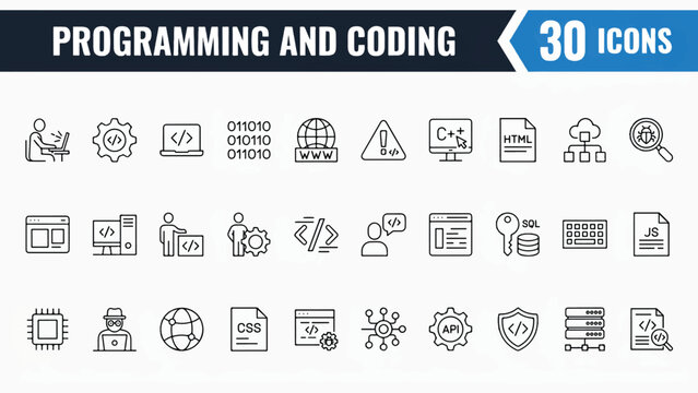 Set of 30 programming and coding thin line style icons for web development