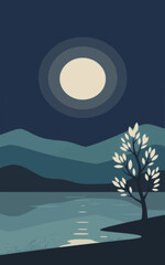Moonlight night landscape with tree river and rolling hills decorative illustration background