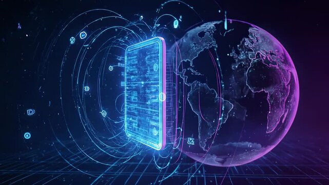 Futuristic holographic projection with glowing data streams and digital interface hologram