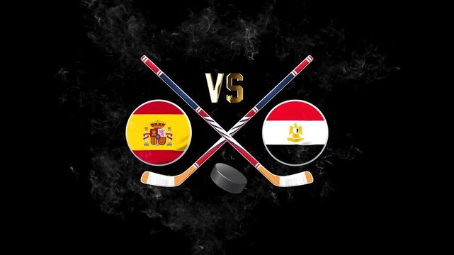 Spain vs Egypt hockey match concept with crossed hockey sticks, puck, and national flags on a dark background