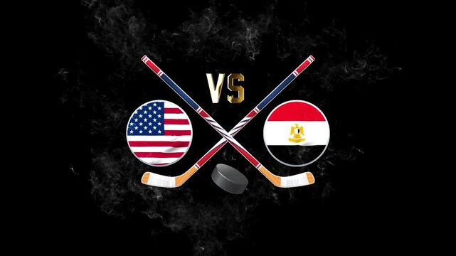 USA vs Egypt hockey match concept with crossed hockey sticks, puck, and national flags on a dark background