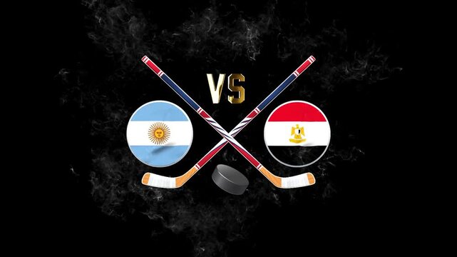Argentina vs Egypt hockey match concept with crossed hockey sticks, puck, and national flags on a dark background