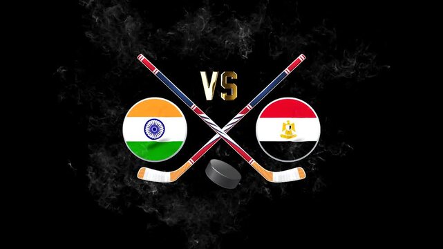 India vs Egypt hockey match concept with crossed hockey sticks, puck, and national flags on a dark background