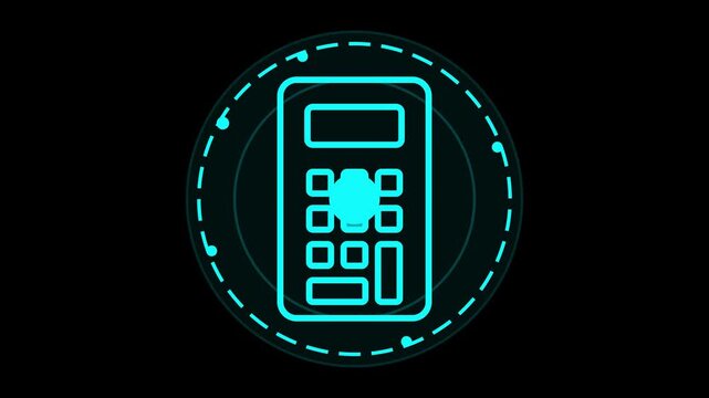 Digital calculator icon on black background with glowing neon effect and circular futuristic interface element, symbolizing calculation and accounting in technology