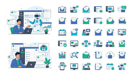 Fototapeta premium Business Process Automation and Intelligent Assistant Software Illustration with Workflow Management Icon Collection