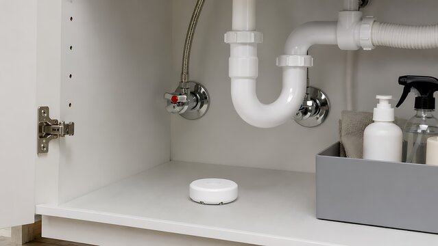 A smart water leak detector sensor placed on the floor inside a kitchen cabinet under the sink