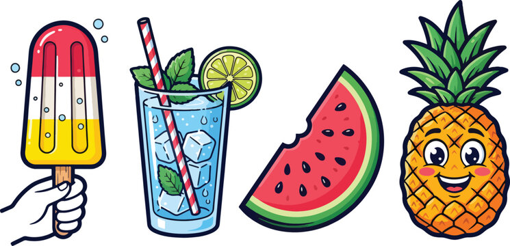 Summer set with colorful popsicle cold drink watermelon slice and happy pineapple character