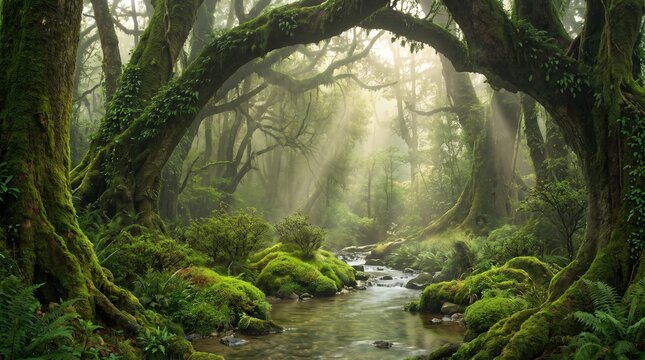 Magical green forest landscape with a flowing stream and ancient moss covered bending trees