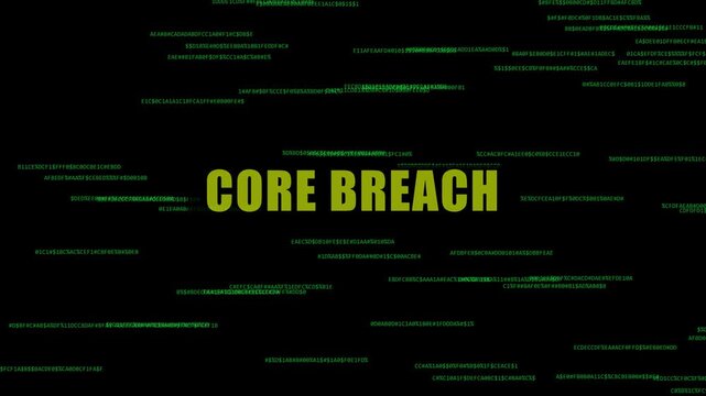 Core breach digital warning alert with floating green binary code data stream animation 4k digital alert