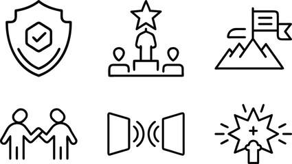 Fototapeta premium Achieving success icons featuring security shield protection winner podium mountain climbing flag partnership handshake and bright innovation concepts.