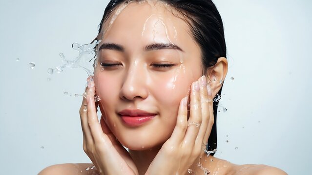 Young asian woman washing her face with splashing water
