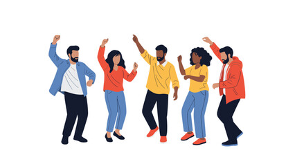 Obraz premium Diverse group of happy young people dancing together in casual clothes, celebrating with great joy and energetic movement.