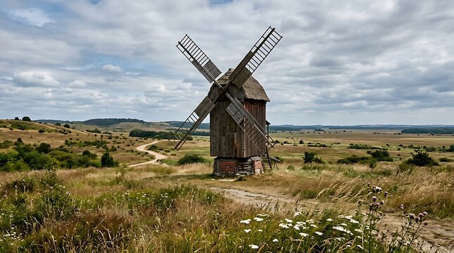 Old wooden windmill on a grassy hill under a cloudy sky