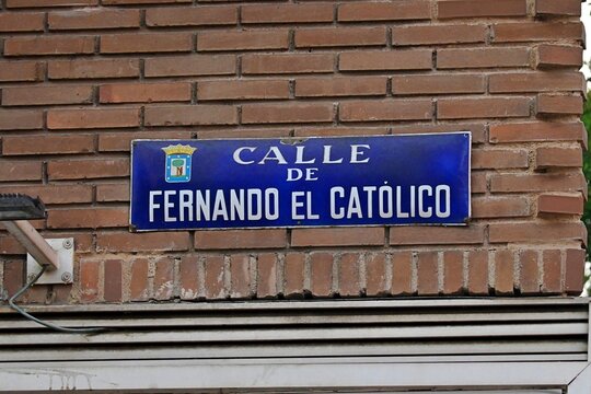 A close-up of the official street sign, Fernando el catolico street, located on the facade of a building in central Madrid, Spain. in the Spanish capital, July 25, 2026