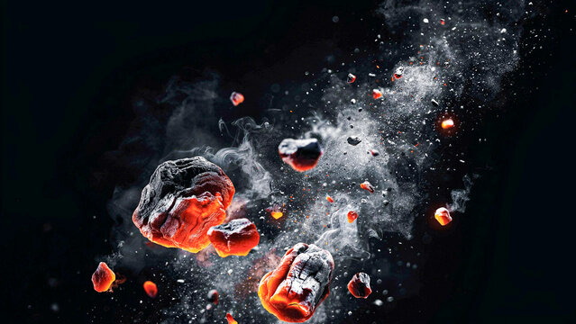 Slow motion explosion of glowing hot volcanic rocks and burning embers with smoke on dark background