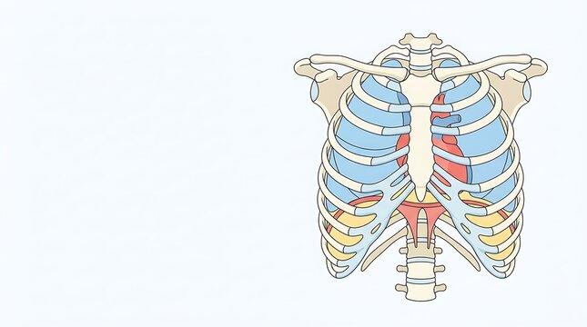 Anatomical illustration of human rib cage with lungs and heart