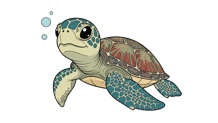 Obraz premium Adorable sea turtle swimming in clean water with tiny air bubbles cartoon vector illustration.
