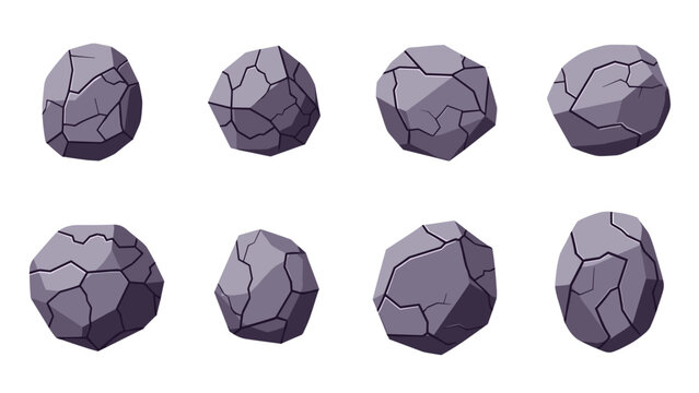 Set of eight stylized purple stone assets with cracks for game design vector cartoon illustration.