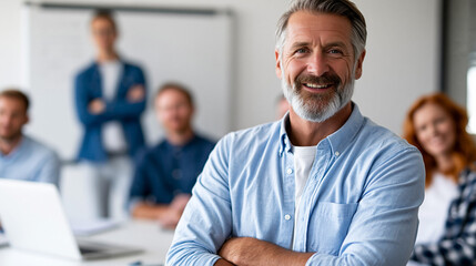 Fototapeta premium Facilitator leading an investment education session near a whiteboard, business strategy discussion, conference room setting, with copy space
