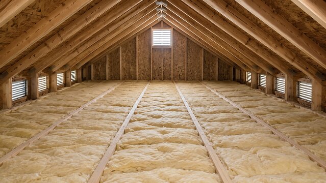 Interior view of an unfinished wooden attic with exposed rafters and insulation installed between the floor joists