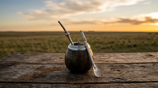 Traditional yerba mate gourd on a wooden table at sunset
