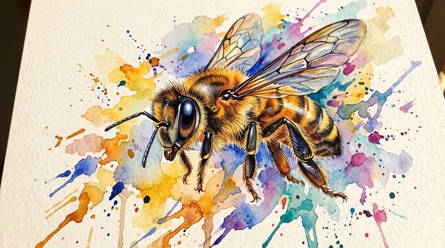 Vibrant watercolor painting of a detailed honeybee with colorful paint splashes, capturing the beauty of nature and wildlife in motion.