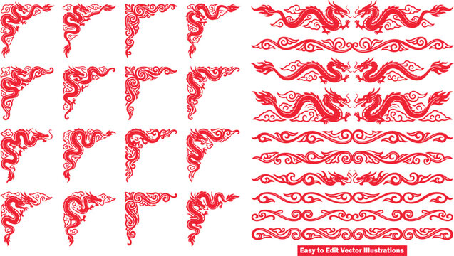 Set of chinese dragon corner and border frames