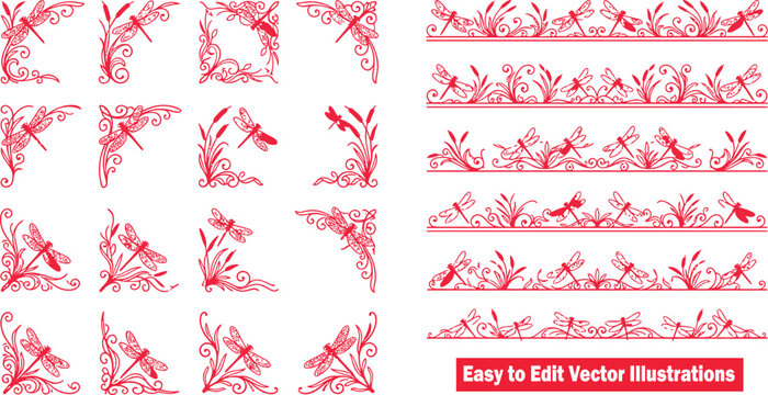 Set of dragonfly corner and border design elements