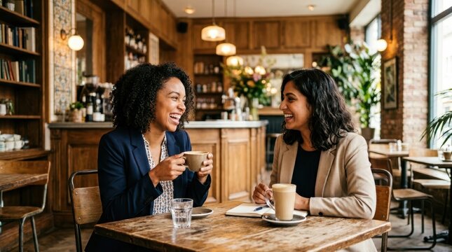 Two women laughing and enjoying coffee together at a cafe table