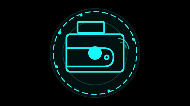Neon blue futuristic camera icon inside a glowing hud circle on black background for digital media and technology concepts