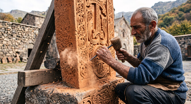 Armenian artisan carving traditional stone cross khachkar with chisel