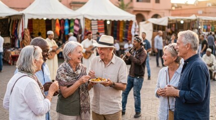 Obraz premium Diverse group of seniors enjoying a vibrant outdoor market with food and music