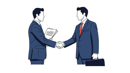 Fototapeta premium Two professional businessmen in dark suits shaking hands after reaching a successful corporate agreement while holding business documents.