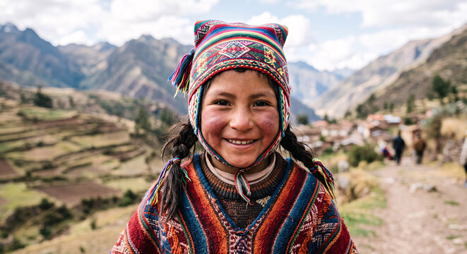 Smiling peruvian girl in traditional chullo hat in Andes mountains