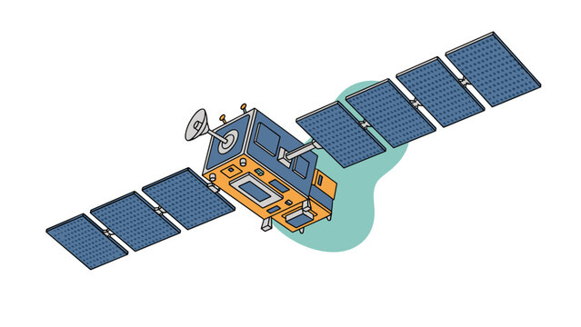 Space satellite with dual solar panels orbiting around earth, showcasing modern aerospace technology and satellite communication.