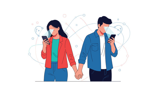 Distant couple holding hands while both are deeply distracted by their smartphones, representing screen addiction and phubbing.