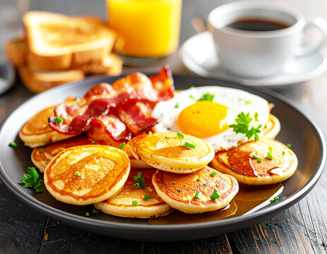 Homemade pancake brunch, mini pancakes, syrup, bacon, and eggs. AI