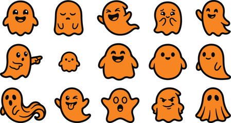 Fototapeta premium Collection of cute orange ghost characters with various expressions for halloween party decorations and sticker designs