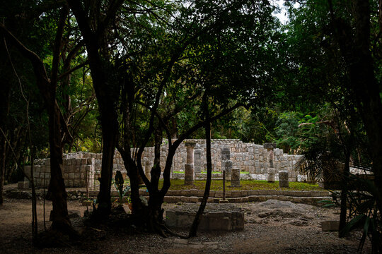 Wide view of the Xtoloc Temple ruins hidden among the dense jungle vegetation at Chichen Itza, Mexico