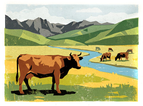 cows grazing in pasture by creek with mountains near Graphic poster style illustration