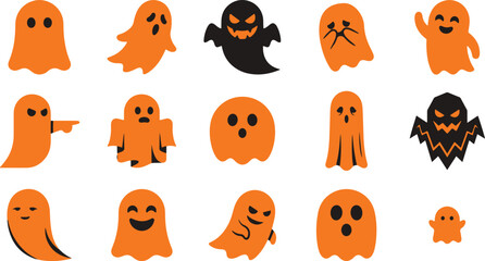 Obraz premium Set of cute orange and black ghost stickers for halloween decorations and spooky party design elements