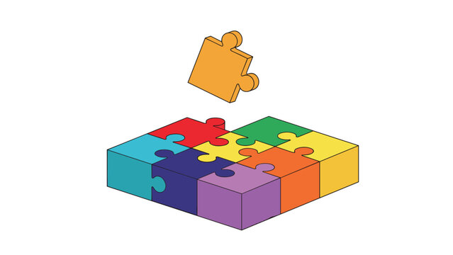 Isometric colorful puzzle with single golden piece floating above to symbolize the final solution or missing link.
