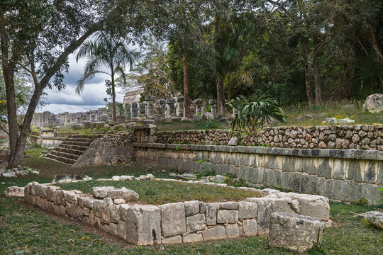 View of the Group of Thousand Columns and Temple of the Warriors ruins at Chichen Itza, Mexico