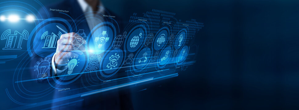 Research scientist pointing the pen simulating 6G Technology bandwidths on a futuristic virtual screen. Pioneering next-generation hyper-connected networks for future global communications.
