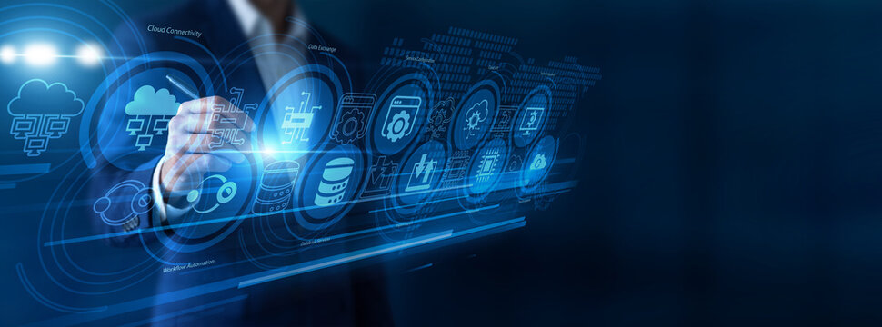 Software developer pointing the pen reviewing API integration architectures on a futuristic virtual screen. Connecting complex digital networks and modern software ecosystems effortlessly.