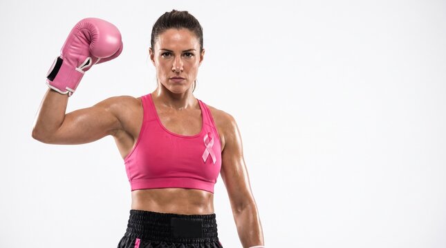 Female boxer with pink gloves and breast cancer ribbon shows strength