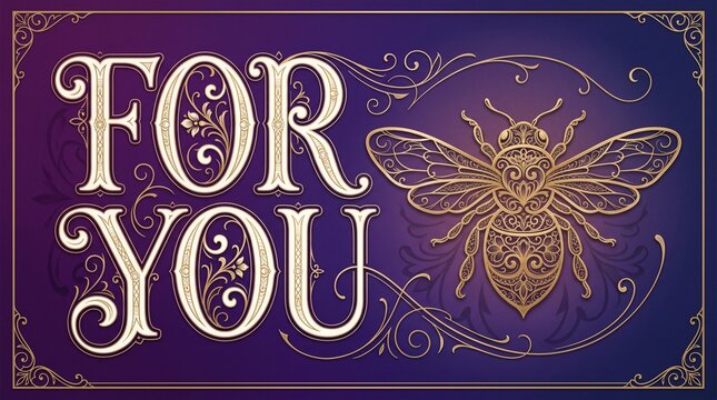 Elegant vintage card featuring ornate gold lettering reading "FOR YOU" alongside a detailed, filigree honeybee illustration on a deep royal purple background.